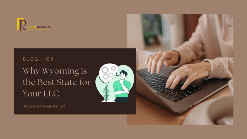 Why Wyoming is the Best State for Your LLC A professional working on a laptop with a blog banner stating 'Why Wyoming is the Best State for Your LLC' from PrimeRegister.
