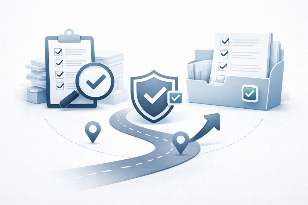Professional business illustration showing strategic planning and best practices with checklists, compliance checkmarks, organized documents, and a roadmap.