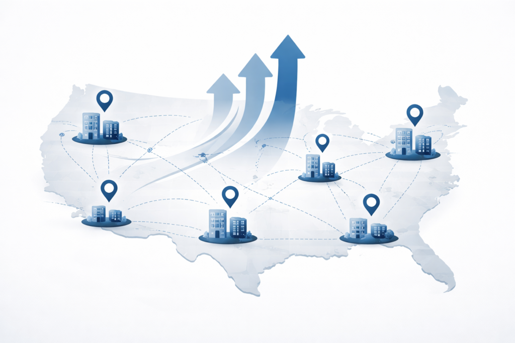 Corporate business growth illustration showing a U.S. company expanding across multiple states with connected offices and upward growth indicators.