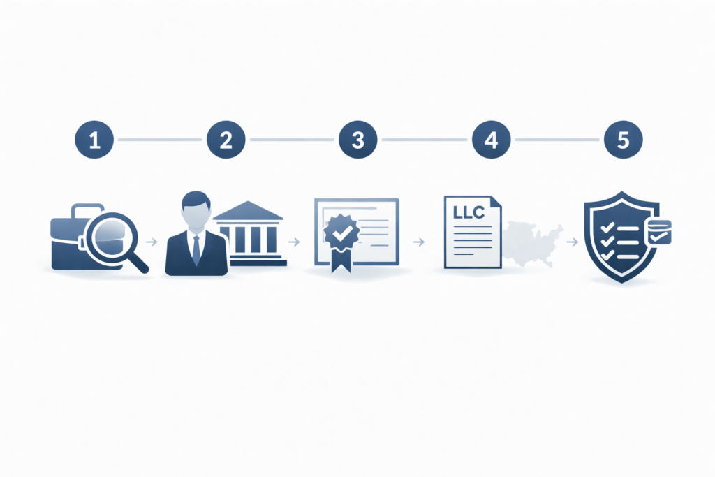 Step-by-step infographic illustrating the foreign LLC registration process, from determining business activity to filing and ongoing compliance.