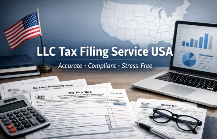 LLC tax filing service USA showing IRS forms, calculator, and business compliance setup