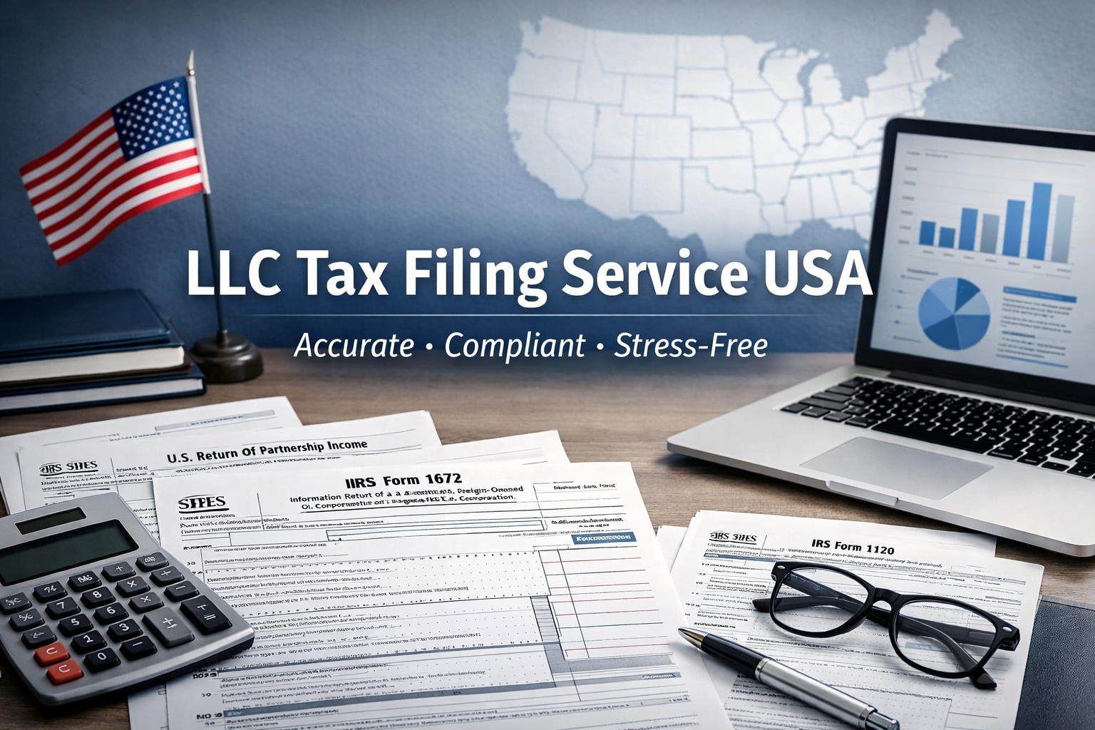 LLC tax filing service USA showing IRS forms, calculator, and business compliance setup