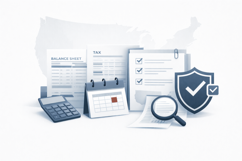 Professional accounting and compliance illustration showing financial documents, tax forms, deadlines, and compliance icons in a U.S. business context.