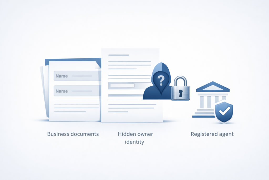 Illustration explaining anonymous LLC states and business privacy in the United States Anonymous LLC states in the USA offering legal business privacy