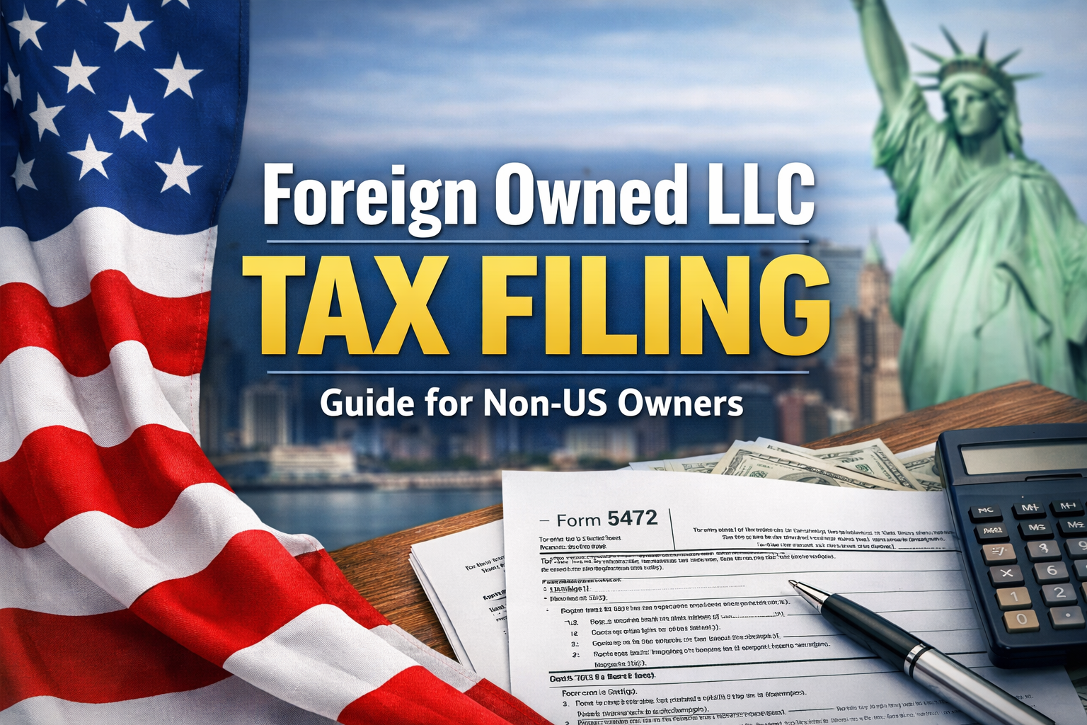 Foreign owned LLC tax filing guide showing IRS Form 5472, calculator, and US business background