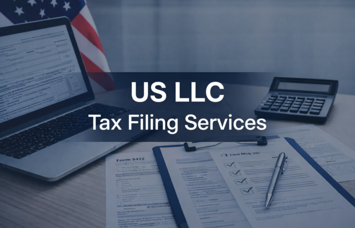 US LLC tax filing services illustration with laptop and tax documents