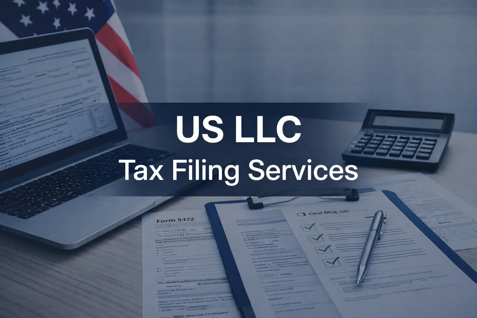 US LLC tax filing services illustration with laptop and tax documents