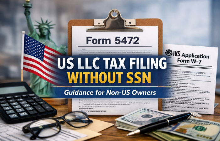 US LLC tax filing without SSN showing Form 5472, ITIN application W-7, and US business tax documents for non-US owners