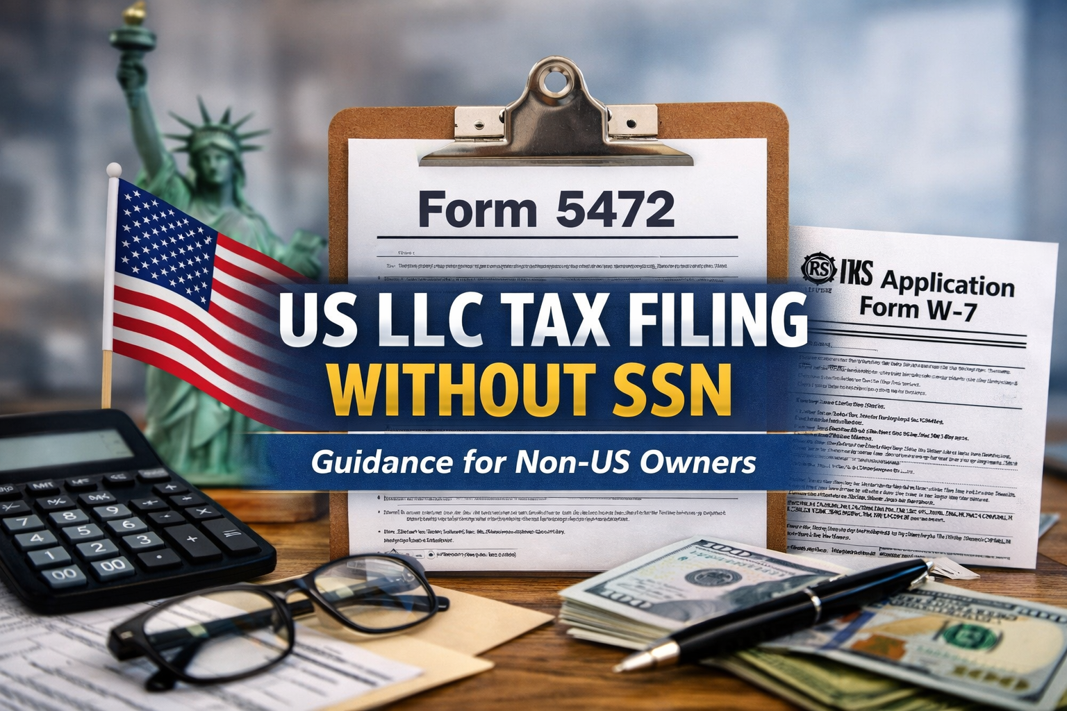 US LLC tax filing without SSN showing Form 5472, ITIN application W-7, and US business tax documents for non-US owners