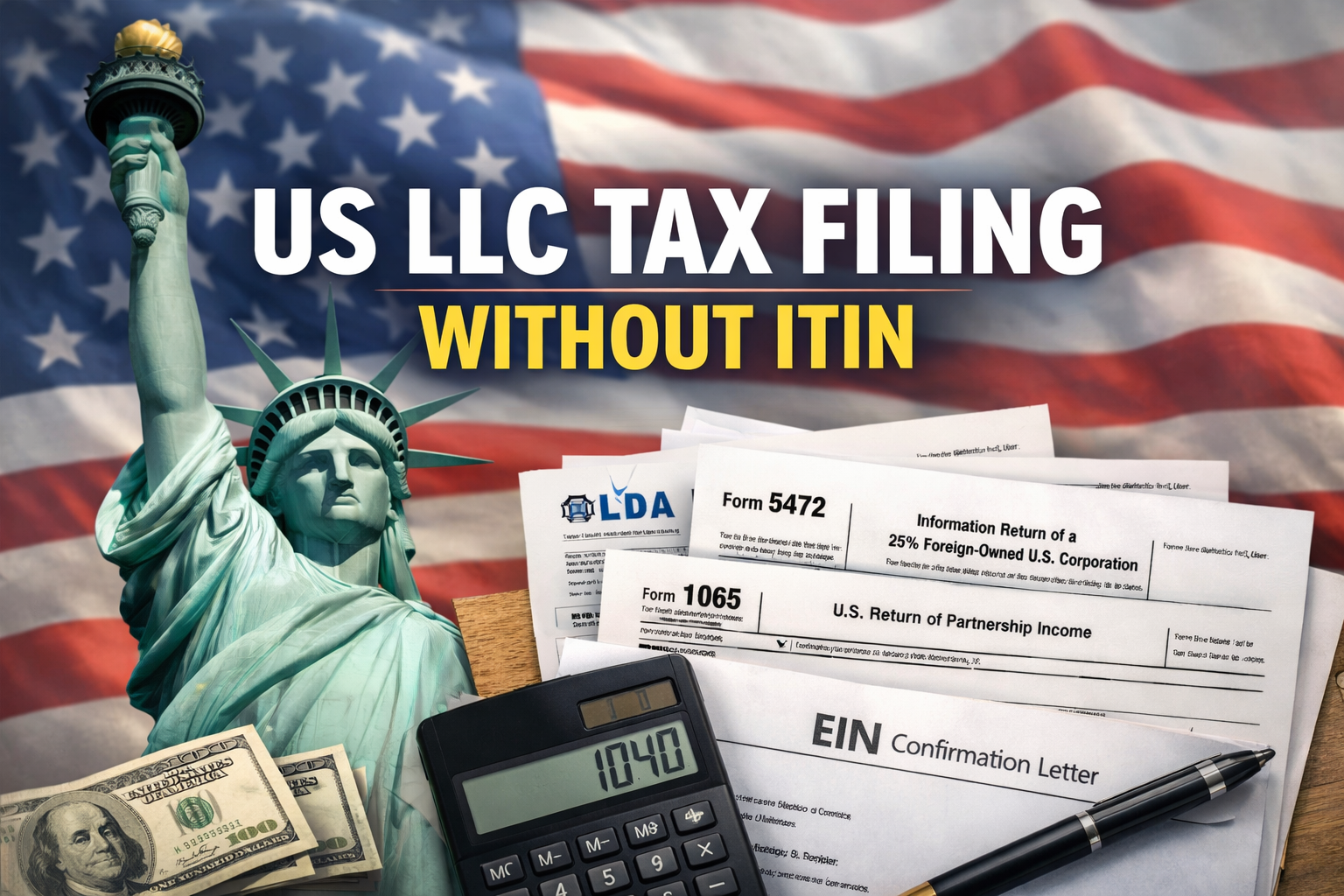 US LLC tax filing without ITIN showing Form 5472, EIN confirmation letter, and US tax documents with Statue of Liberty