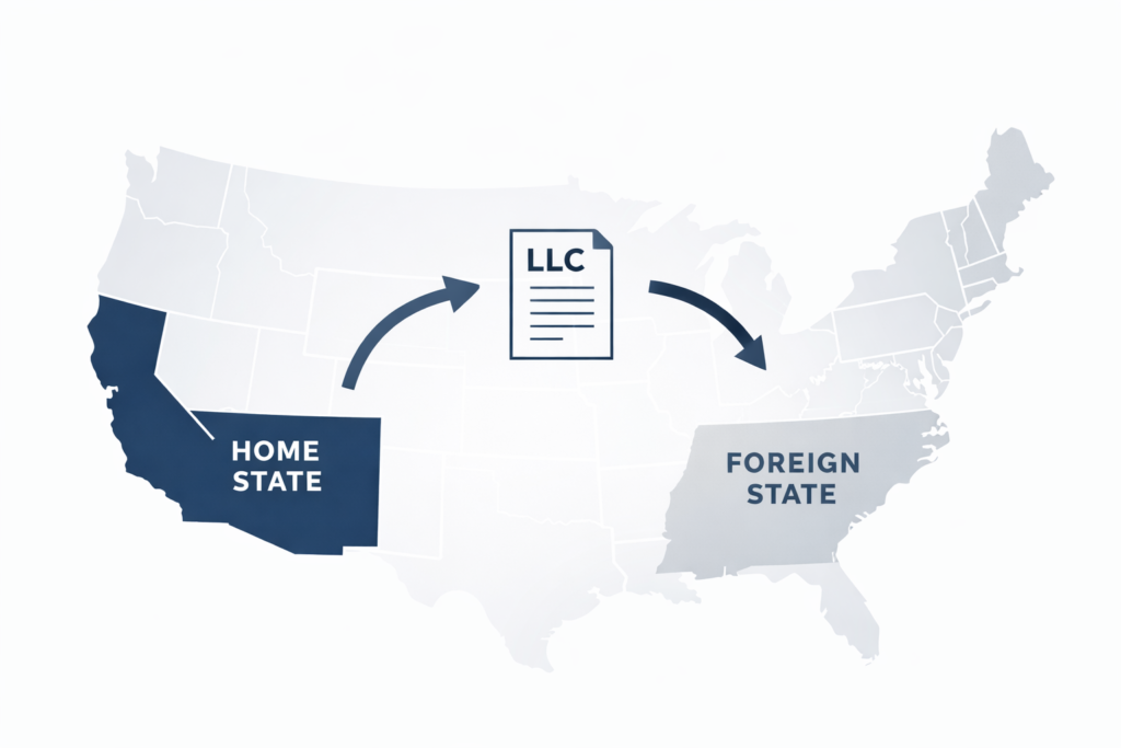 Flat-style illustration showing foreign LLC registration, with a U.S. map highlighting a “home state” connected by arrows to a “foreign state,” and an LLC document icon moving between the two, on a clean white corporate background.