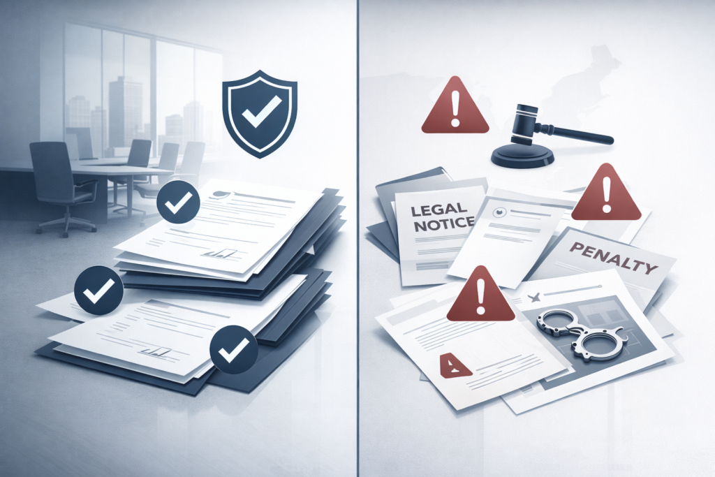 Professional illustration showing business compliance versus legal risk, including penalties and regulatory warnings for U.S. companies.