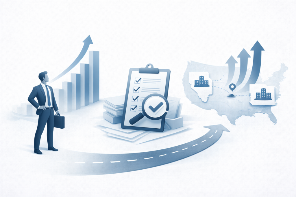 Professional business illustration showing approved legal documents, confident business growth, and successful expansion across U.S. states in a clean corporate style.