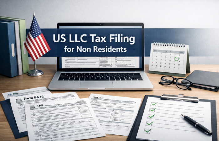 US LLC tax filing for non residents showing tax forms, compliance checklist, and filing deadline concept