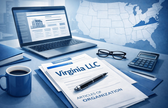 Setting up a Virginia LLC with official documents, laptop workspace, and Virginia highlighted on the US map