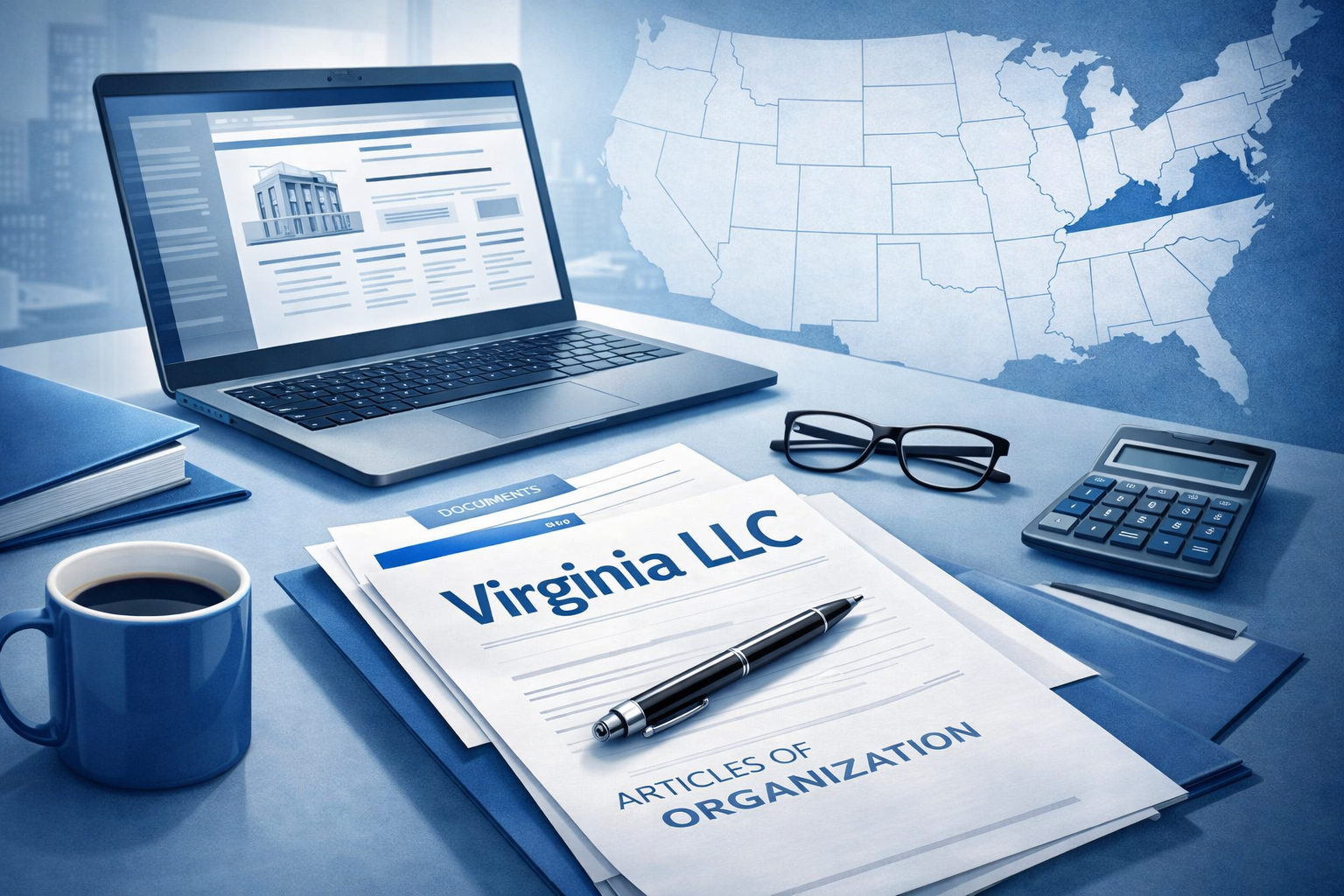Setting up a Virginia LLC with official documents, laptop workspace, and Virginia highlighted on the US map