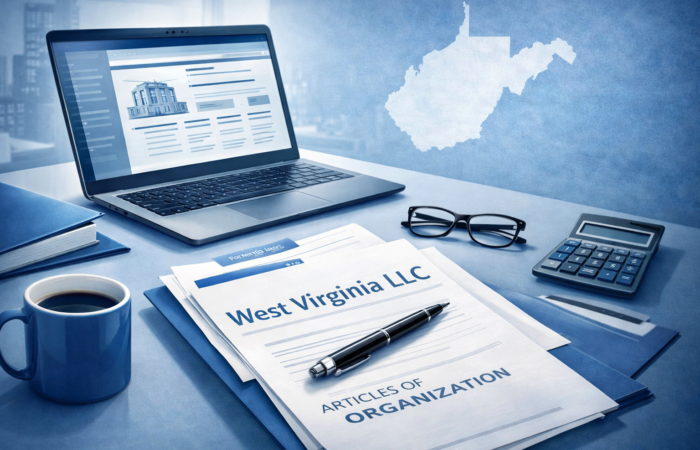 Starting a West Virginia LLC with official documents, laptop workspace, and West Virginia state map