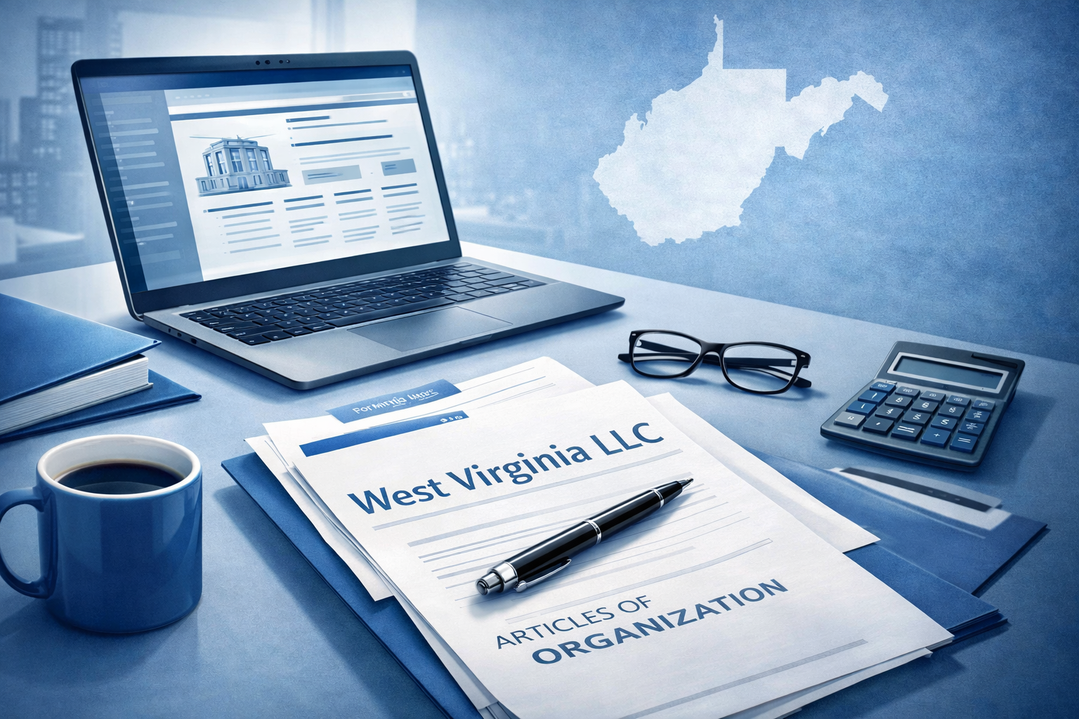Starting a West Virginia LLC with official documents, laptop workspace, and West Virginia state map