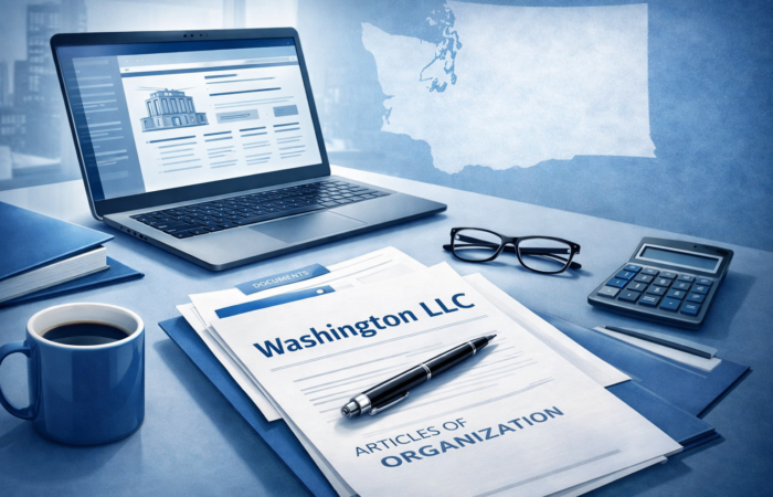 Washington LLC formation workspace with official documents, laptop, and Washington State map
