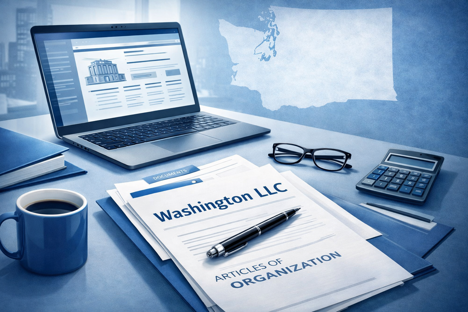 Washington LLC formation workspace with official documents, laptop, and Washington State map