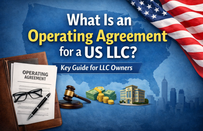 What is an operating agreement for a US LLC showing a legal document, US flag, and business icons