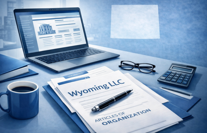 Wyoming LLC formation workspace with official documents, laptop, and Wyoming state map