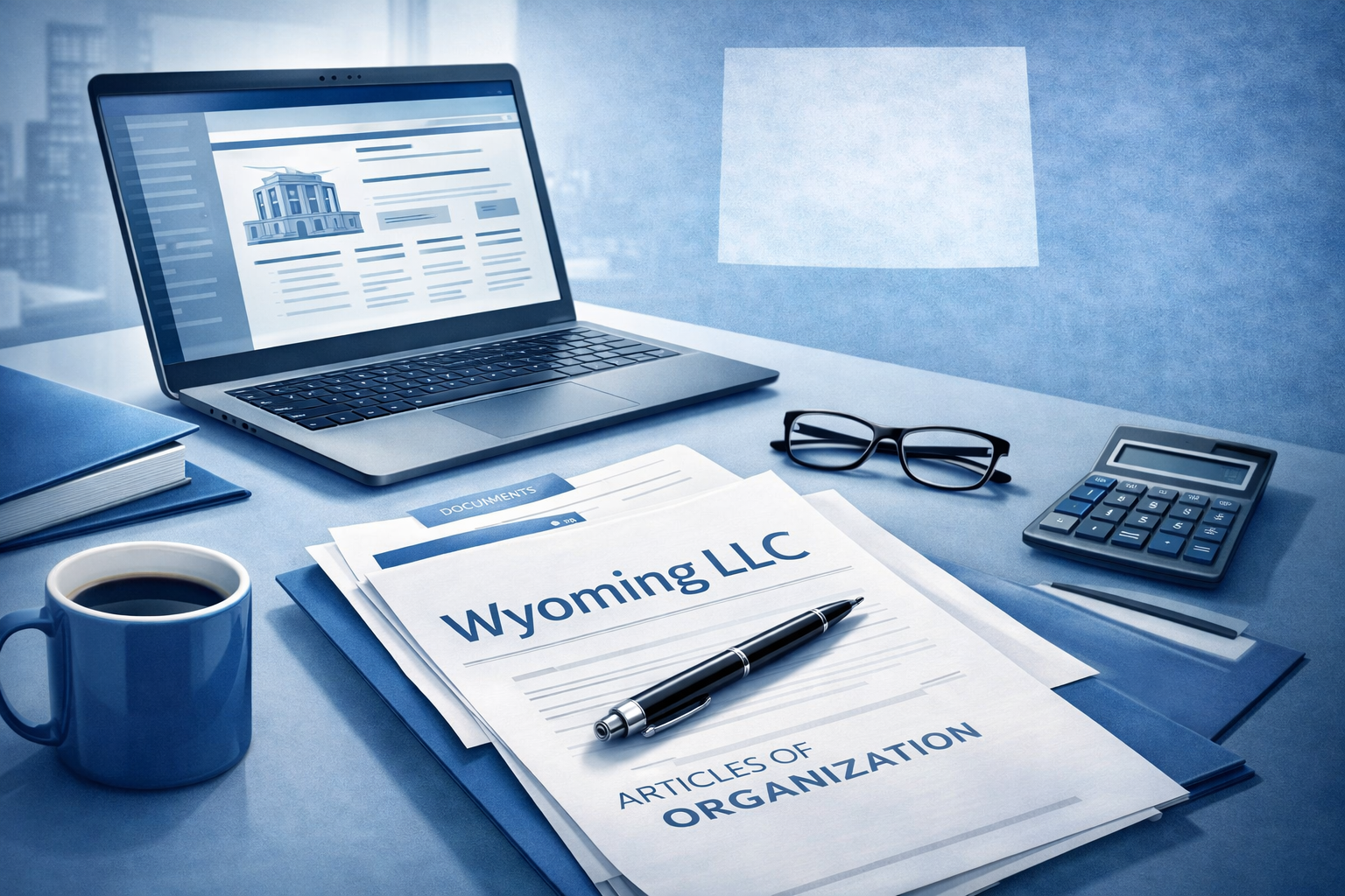 Wyoming LLC formation workspace with official documents, laptop, and Wyoming state map