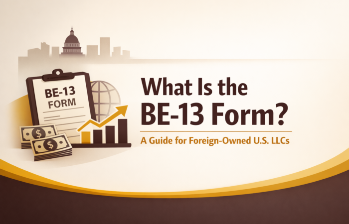 Illustration of BE-13 form with financial charts and dollar bills, representing reporting requirements for foreign-owned U.S. LLCs.