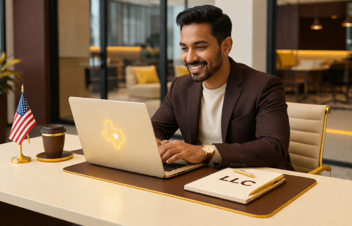 Confident non-US entrepreneur working on a laptop with Texas LLC symbol in a modern office workspace