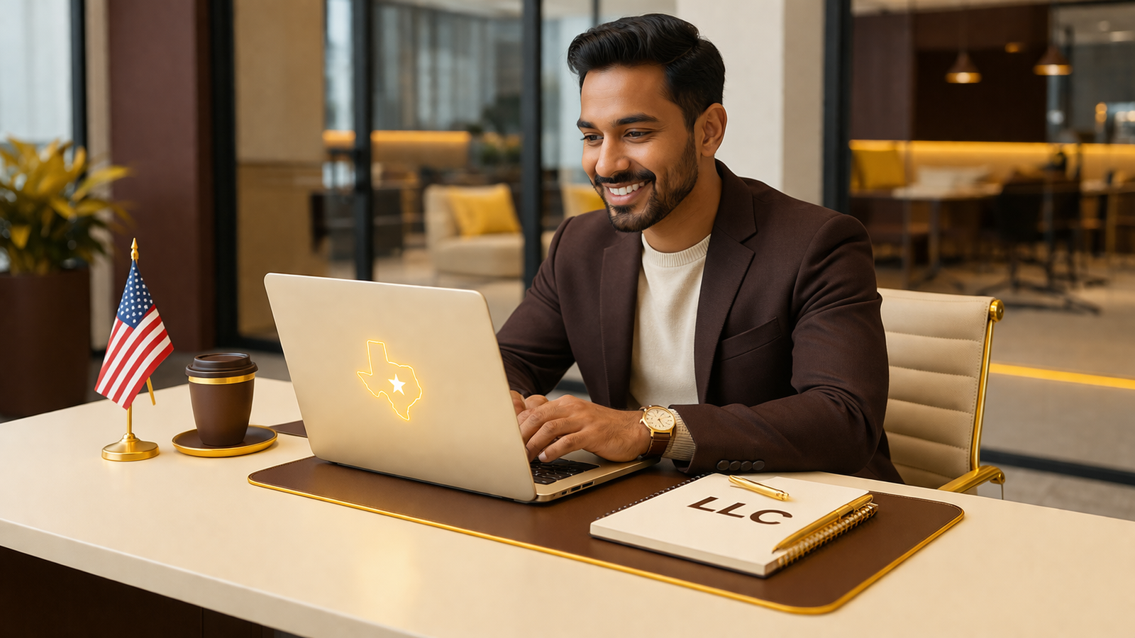 Confident non-US entrepreneur working on a laptop with Texas LLC symbol in a modern office workspace