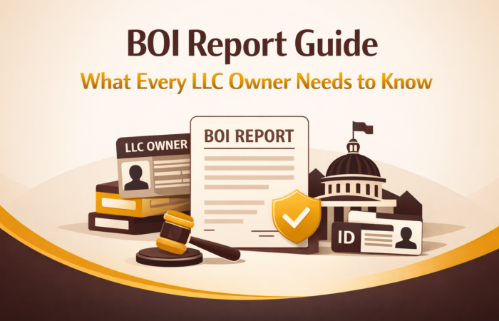 BOI Report Guide cover image showing LLC compliance document, ID verification, and business ownership reporting concept