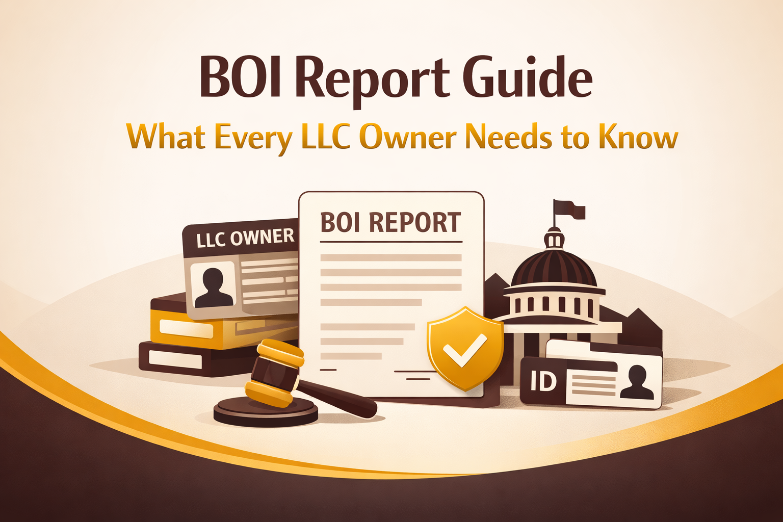 BOI Report Guide cover image showing LLC compliance document, ID verification, and business ownership reporting concept