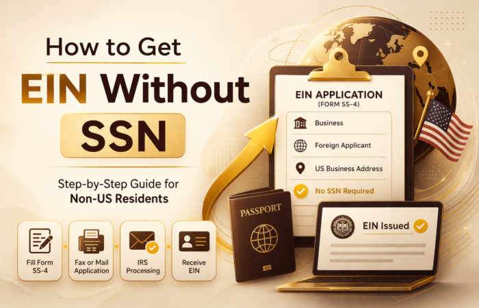 How to get EIN without SSN cover image with EIN application form, foreign applicant concept, and business compliance elements
