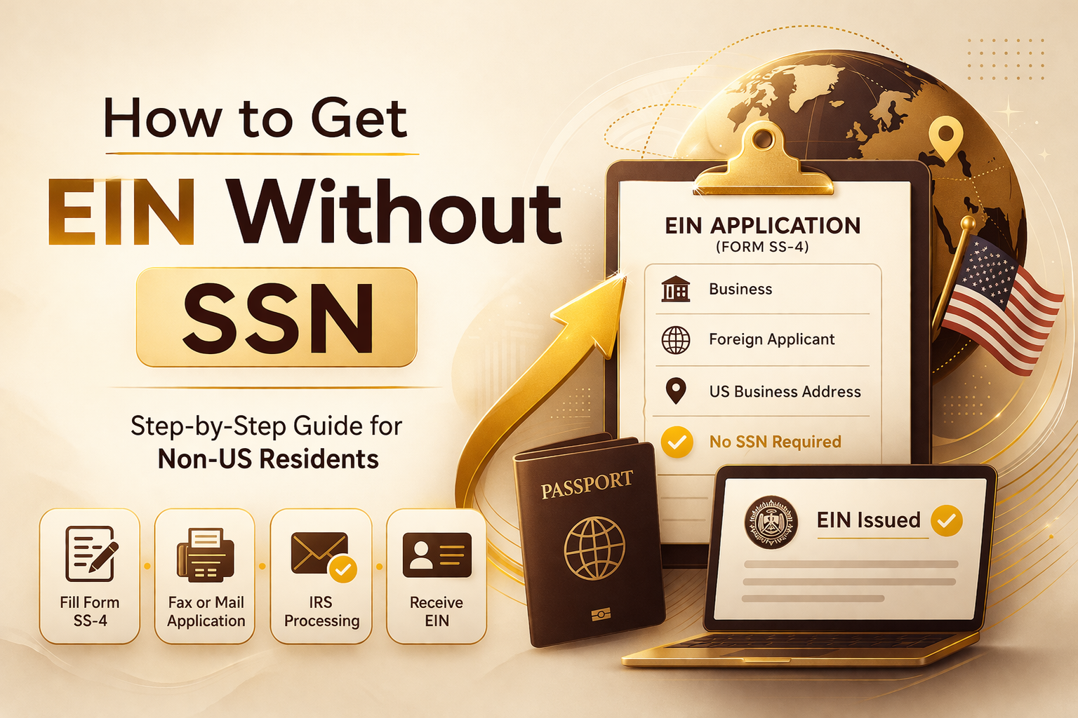 How to get EIN without SSN cover image with EIN application form, foreign applicant concept, and business compliance elements