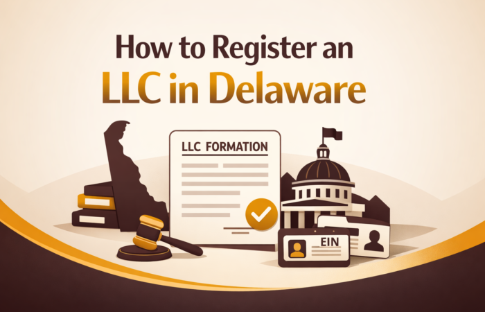 How to register an LLC in Delaware guide cover with business formation document, Delaware map, and EIN concept