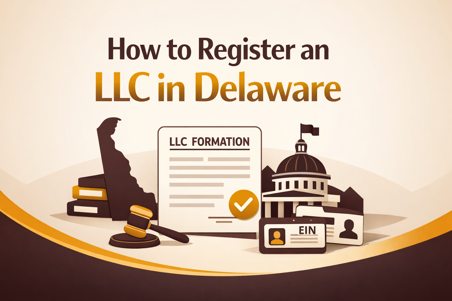 How to register an LLC in Delaware guide cover with business formation document, Delaware map, and EIN concept