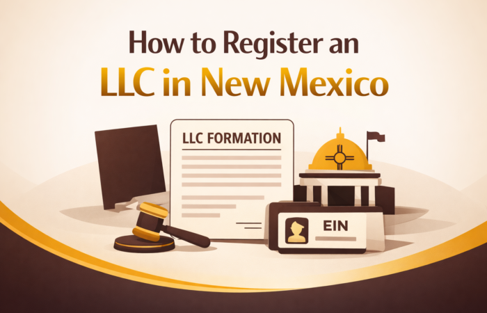 How to register an LLC in New Mexico cover image with LLC formation document, EIN card, and legal business setup concept