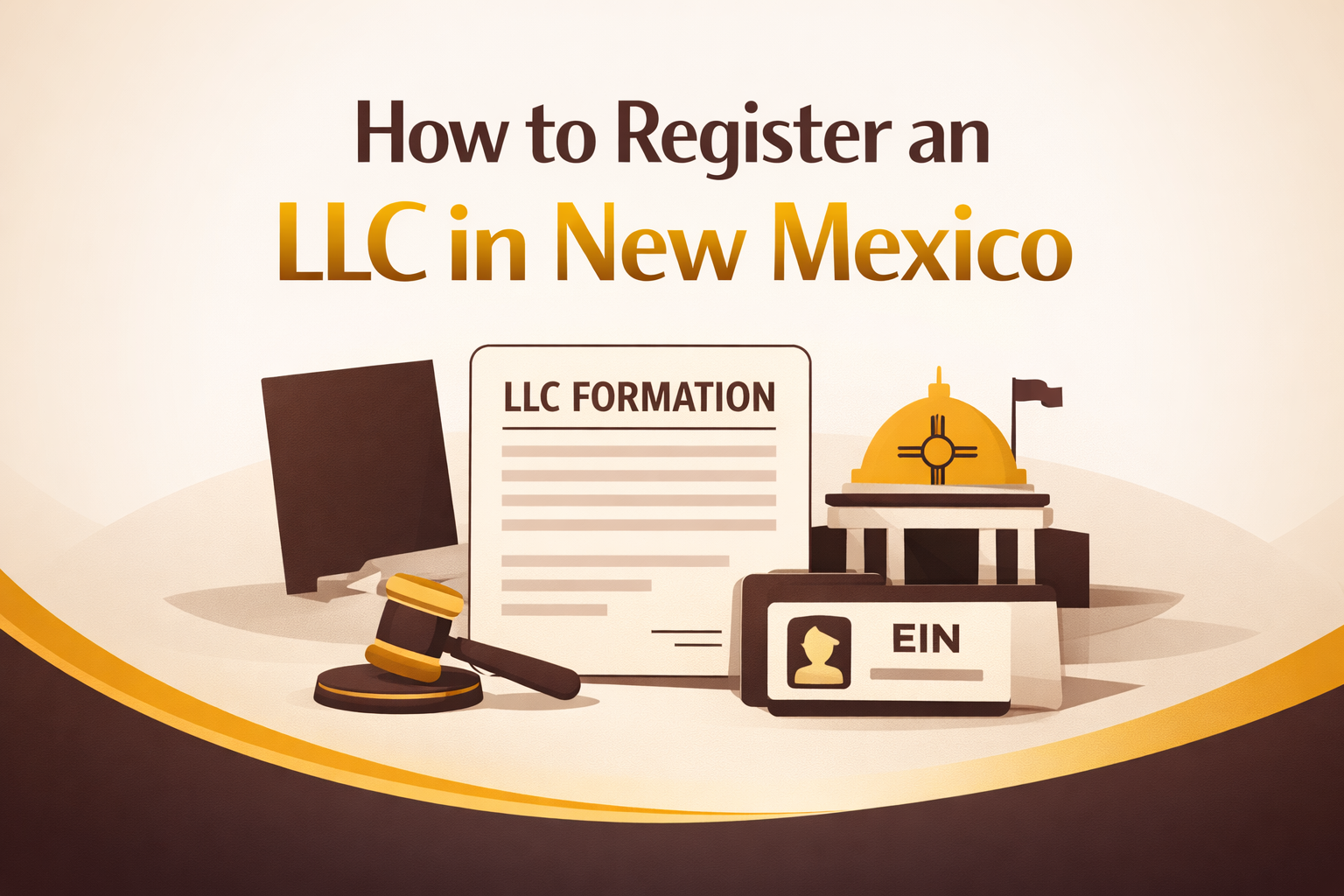 How to register an LLC in New Mexico cover image with LLC formation document, EIN card, and legal business setup concept