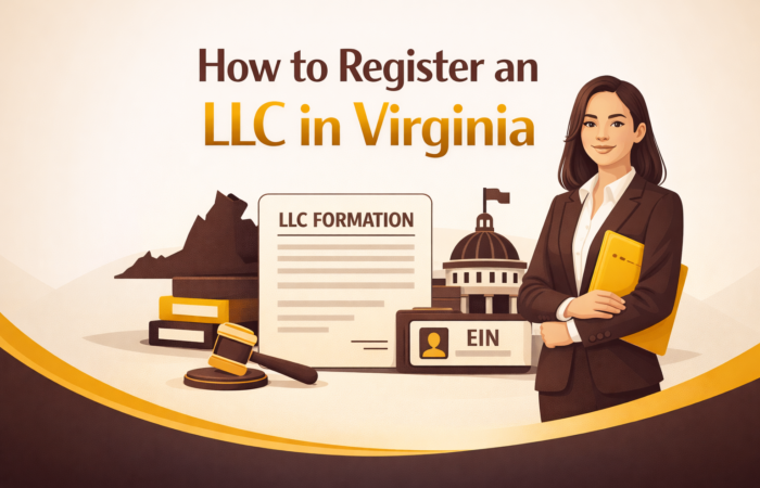 How to register an LLC in Virginia cover image featuring a professional business person with LLC formation documents and compliance elements