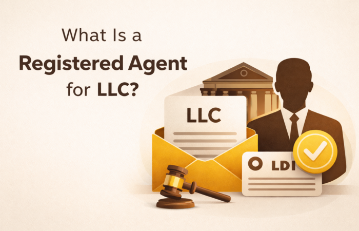 What is a registered agent for LLC cover image with LLC document, legal compliance concept, and business representation